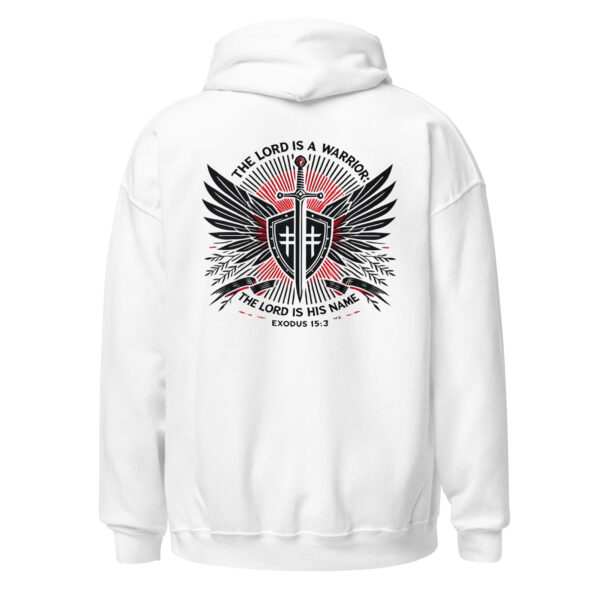 Unisex-Hoodie | The Lord Is a Warrior – Sein Name ist Herr (Back Print, Weiß)