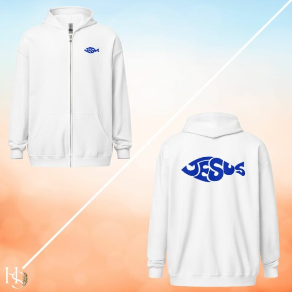 Unisex Heavy-Blend Zip Hoodie | „Fisch mit Jesus“ – Front + Back Print (Weiß)