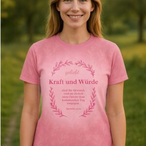 Christliches Damen T-Shirt "Kraft & Würde" | Sprüche 31,25 | Allover-Druck