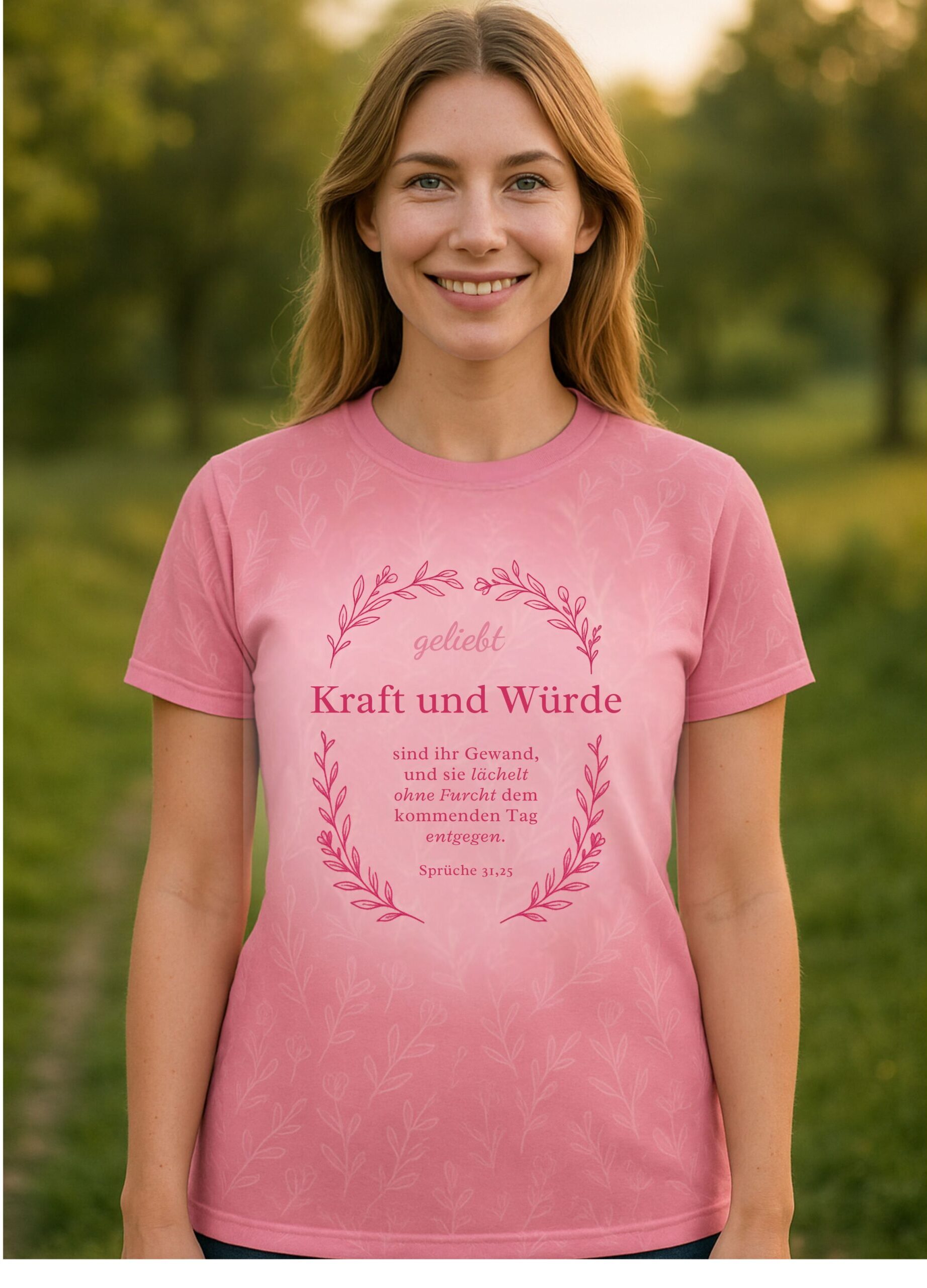 Christliches Damen T-Shirt "Kraft & Würde" | Sprüche 31,25 | Allover-Druck