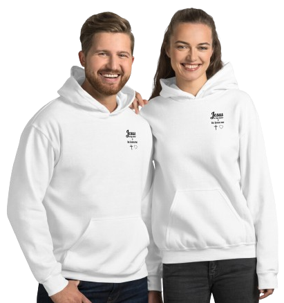 Zwei Models im weißen Hoodie mit christlichem Schriftzug „Jesus – das Licht der Welt“, Produkt von Hoffnungsschmiede777.