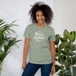Blessed & Grateful Frauen T-Shirt | Bella + Canvas 3001 Sage & Soft Pink