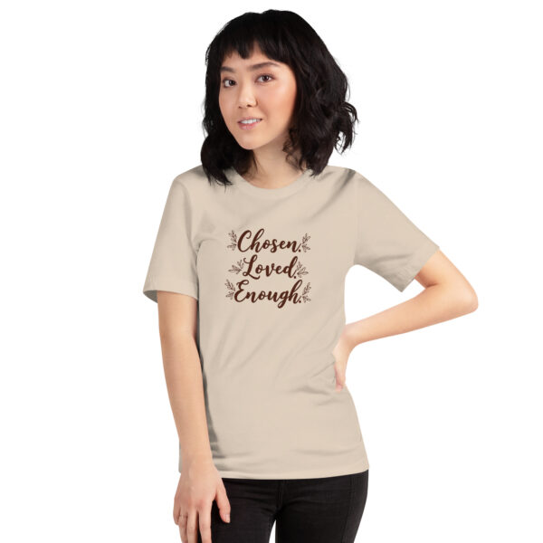 Chosen. Loved. Enough. Frauen T-Shirt | Bella + Canvas 3001 Heather Prism Peach & Soft Cream – Bild 3