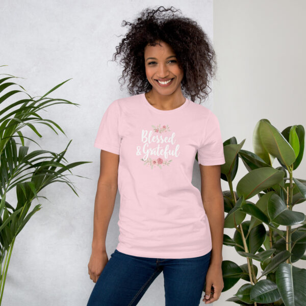 Blessed & Grateful Frauen T-Shirt | Bella + Canvas 3001 Sage & Soft Pink – Bild 4