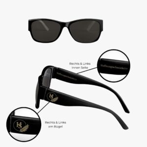 Designer Sonnenbrille Hoffnungsschmiede – Frontansicht mit Detailansicht Logo auf beiden Bügeln und Schriftzug innen