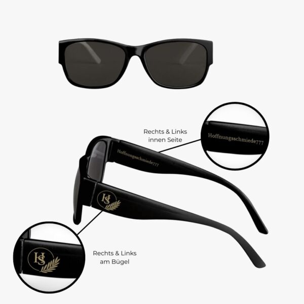 Designer Sonnenbrille Hoffnungsschmiede – Frontansicht mit Detailansicht Logo auf beiden Bügeln und Schriftzug innen