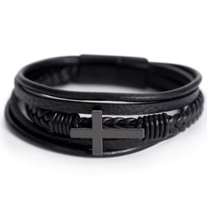 Schwarzes veganes Lederarmband mit Edelstahlkreuz in Geschenkbox – christlicher Schmuck für Herren