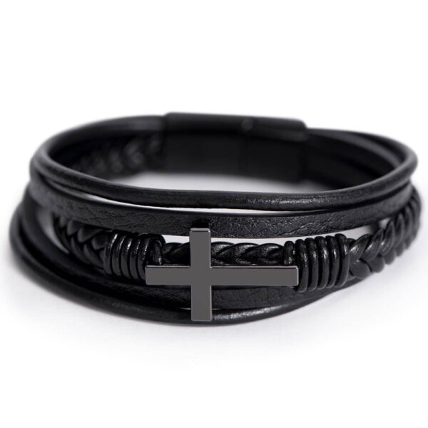 Schwarzes veganes Lederarmband mit Edelstahlkreuz in Geschenkbox – christlicher Schmuck für Herren