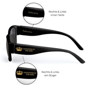 Schwarze Designer-Sonnenbrille mit goldener Krone und Bibelvers Psalm 45,14