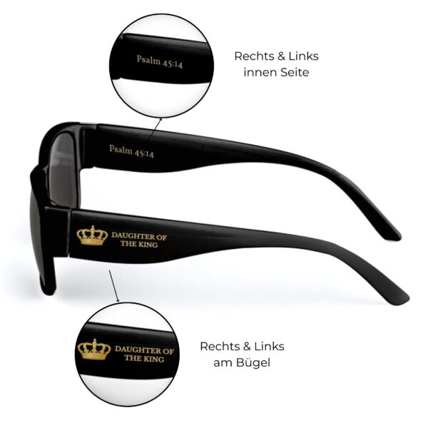 Schwarze Designer-Sonnenbrille mit goldener Krone und Bibelvers Psalm 45,14