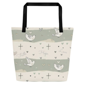 Faith Hope Love Shopping Bag mit Tauben, Kreuzen und Bibelvers 1. Korinther 13,13