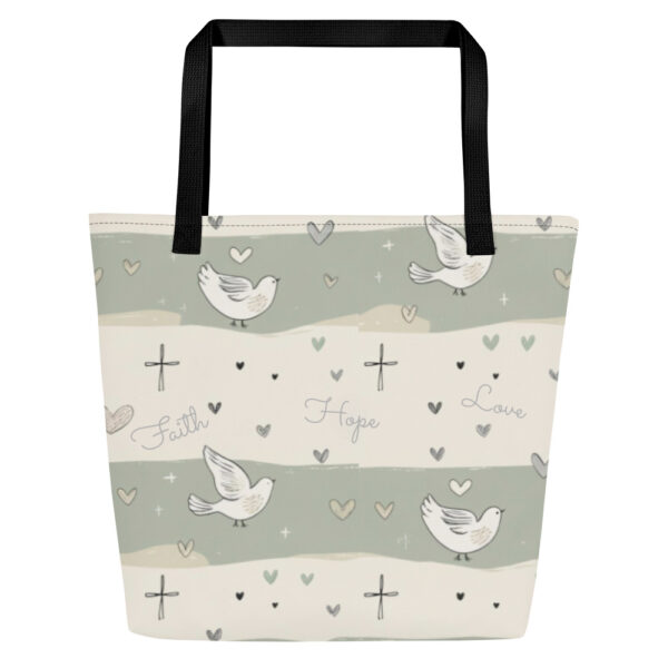 Faith Hope Love Shopping Bag mit Tauben, Kreuzen und Bibelvers 1. Korinther 13,13