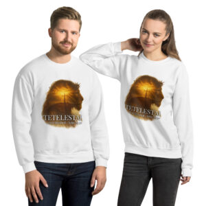 Weißer Unisex Sweater mit Tetelestai-Motiv – Löwe mit Dornenkrone, Kreuz & Sonnenuntergang, Johannes 19,30