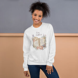 Weißer Unisex Sweater mit floraler Bibel und englischem Vaterunser („Our Father“), Blüten-Illustration