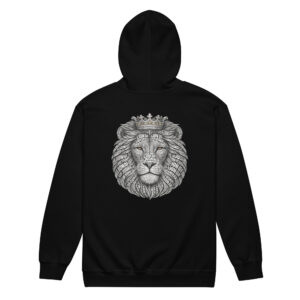 Schwarzer Zip-Hoodie mit Frontprint „Lion of Judah“ und großem gekrönten Löwen auf dem Rücken