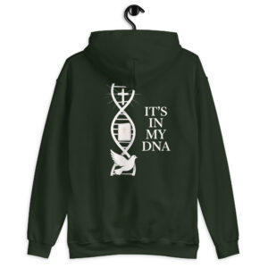 Rückseite eines green forest Hoodies mit weißem DNA-Kreuz-Design und Taube – christliches Statement-Design