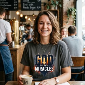 Frau im Cafe mit Tshirt God Master of Miracales