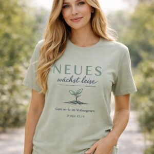 Frau mit einem Bella & canvas 3001 Tshirt neues wächst leise