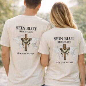 Mann und Frau mit Gildan Tshirt und motiv "Sein Blut reicht aus"