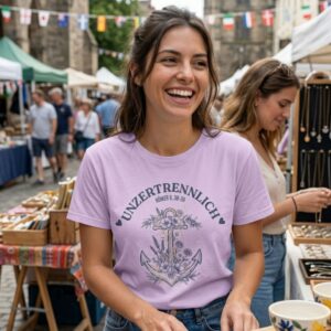 Frau am Wochenmarkt mit einem Orchid farbenen Tshirt mit aufschrift Unzertrennlich