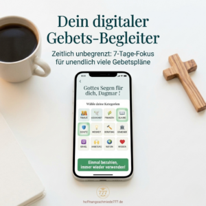 Digitaler Gebetsplaner für Smartphone und PC – 7-Tage-Fokus für christliches Gebet. Ansicht der App-Oberfläche mit Kategorien für Glauben, Gesundheit und Berufung. Einmaliger Kauf für zeitlich unbegrenzte Nutzung.