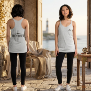Racerback Tank Top mit „Anchored" und Kreuz-Motiv.