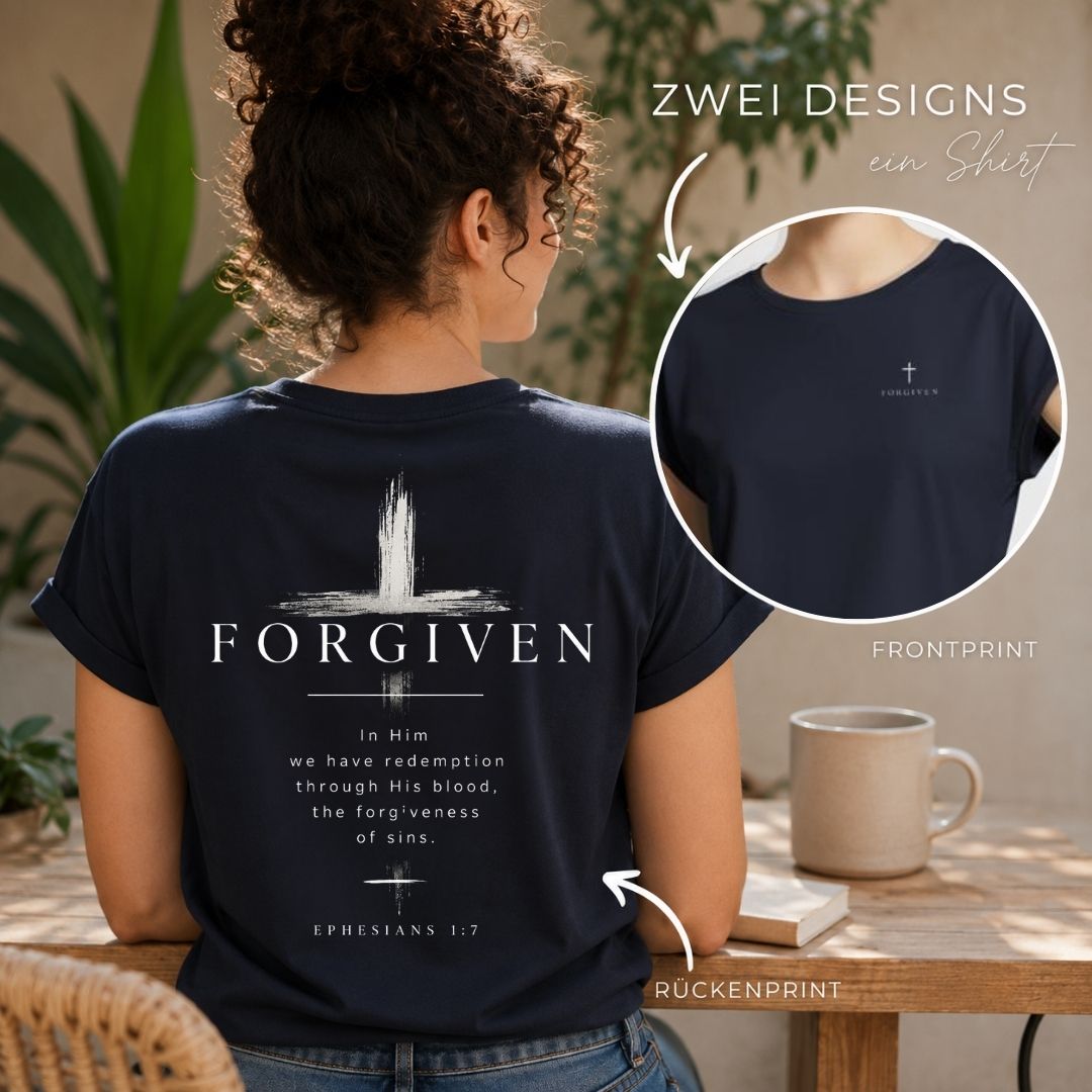 Feedbild, Forgiven | Damen T-Shirt mit Kreuz-Backprint