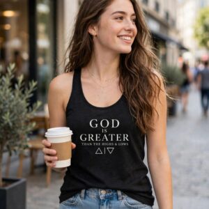 Feedbild frau mit kaffeebecher und Racerback God is Greater than