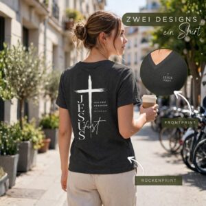 Frau in der Stadt mit Tshirt V ausschnitt Jesus First